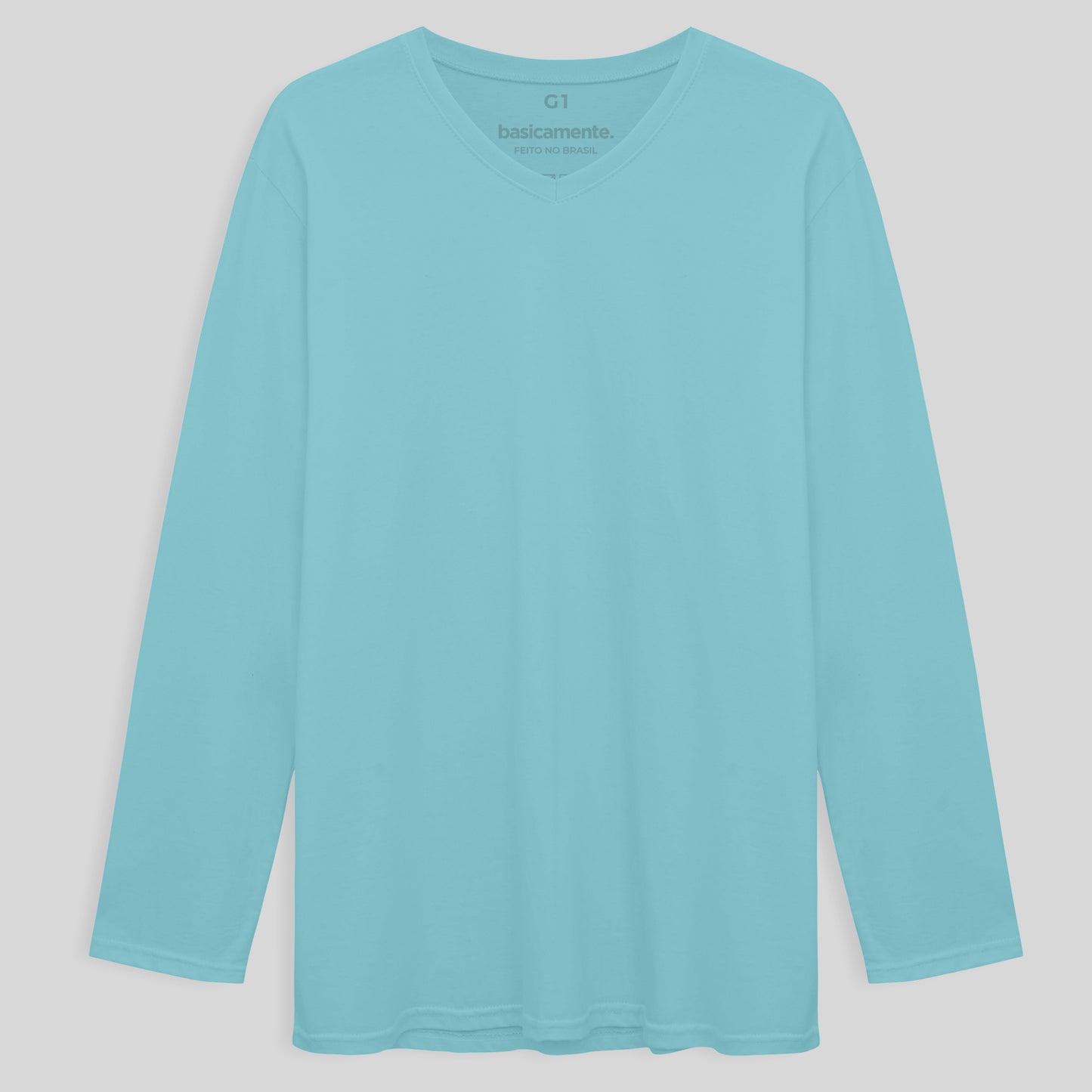 Camiseta Básica Gola V Manga Longa Plus Masculina - Azul Claro
