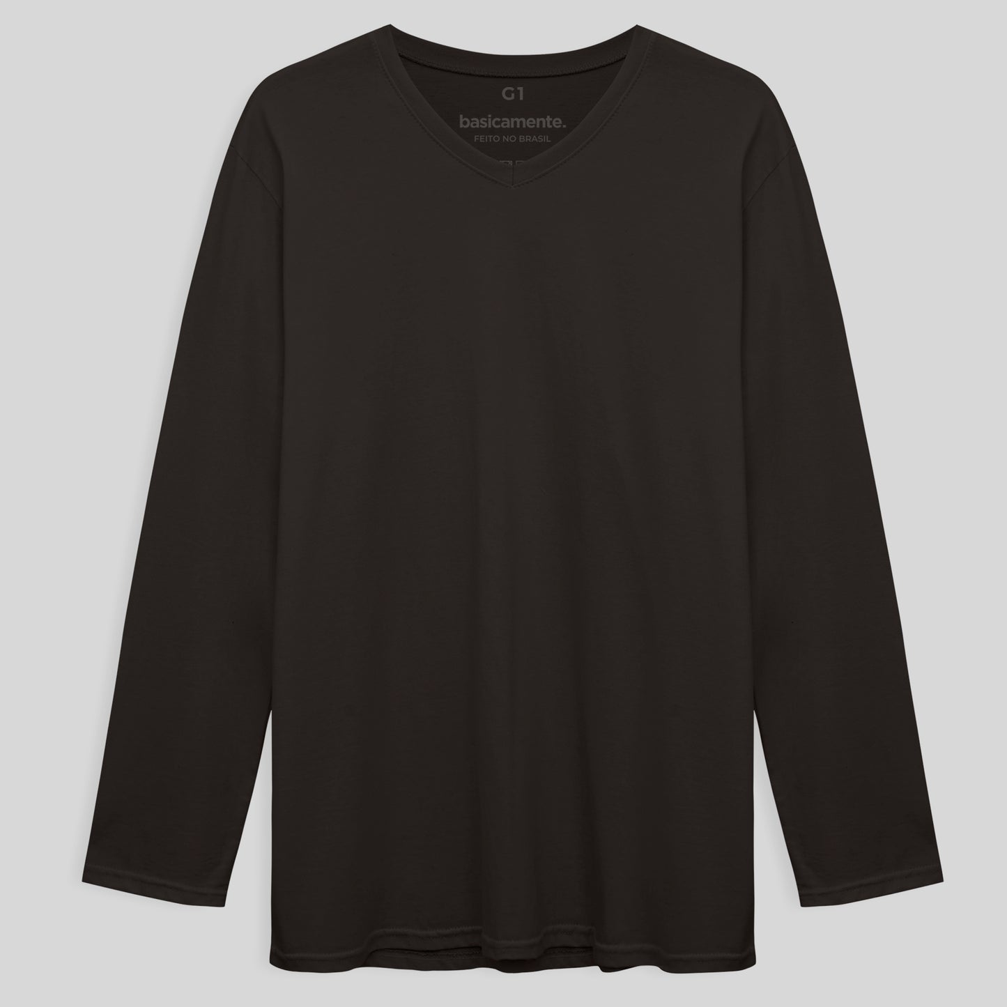 Camiseta Básica Gola V Manga Longa Plus Masculina - Marrom