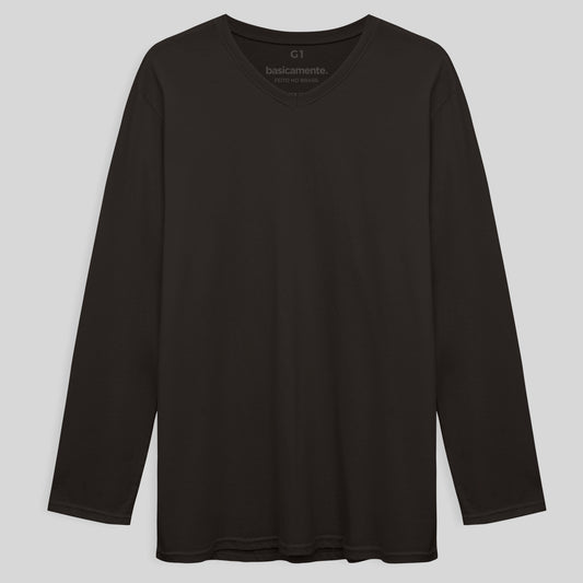 Camiseta Básica Gola V Manga Longa Plus Masculina - Marrom