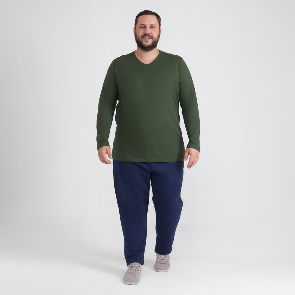 Camiseta Básica Gola V Manga Longa Plus Masculina - Verde Selva