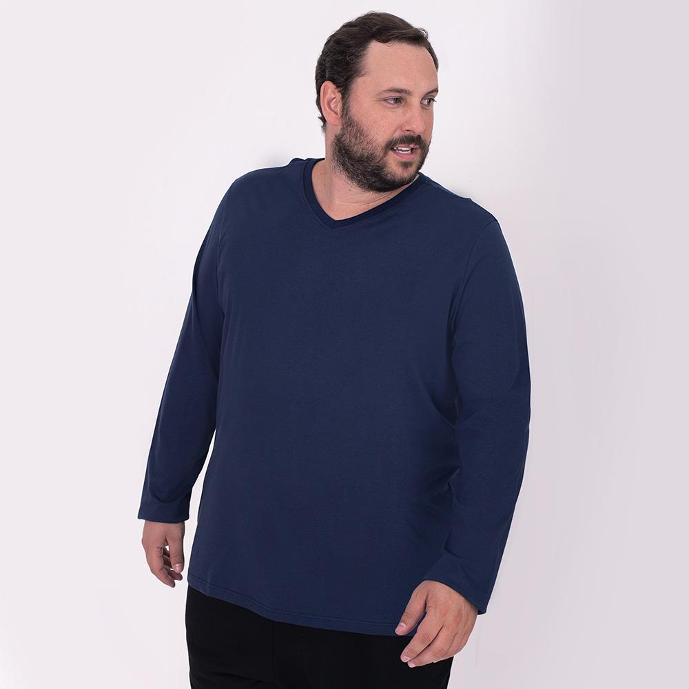 Camiseta Básica Gola V Manga Longa Plus Masculina - Azul Marinho