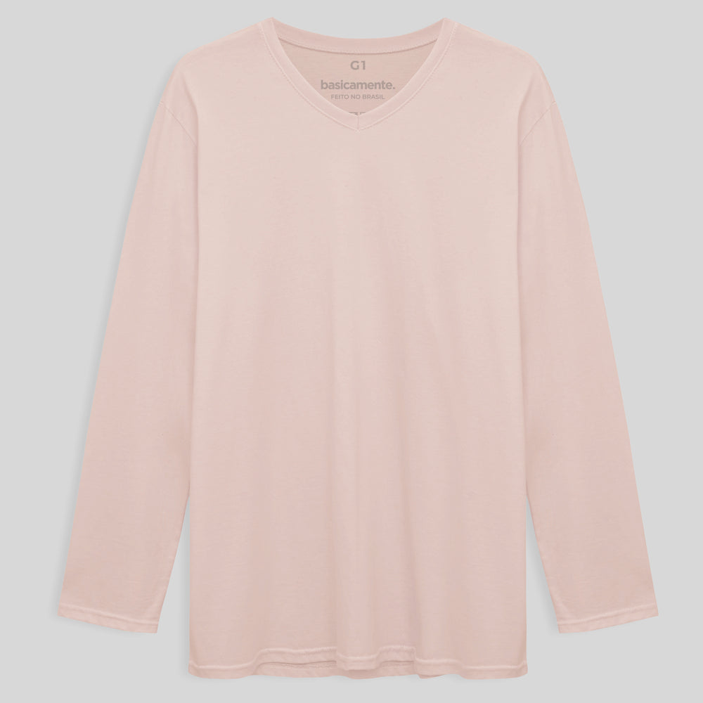 Camiseta Básica Gola V Manga Longa Plus Masculina - Rosa Pastel