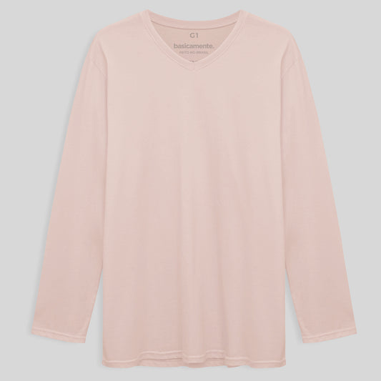 Camiseta Básica Gola V Manga Longa Plus Masculina - Rosa Pastel
