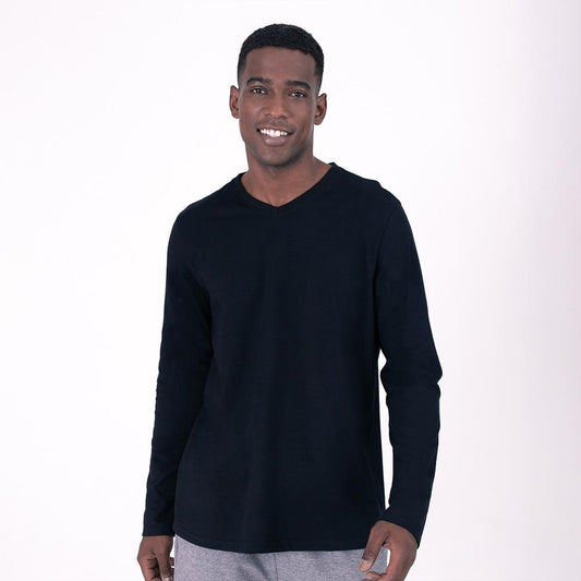 Camiseta Básica Gola V Manga Longa Masculina - Preto