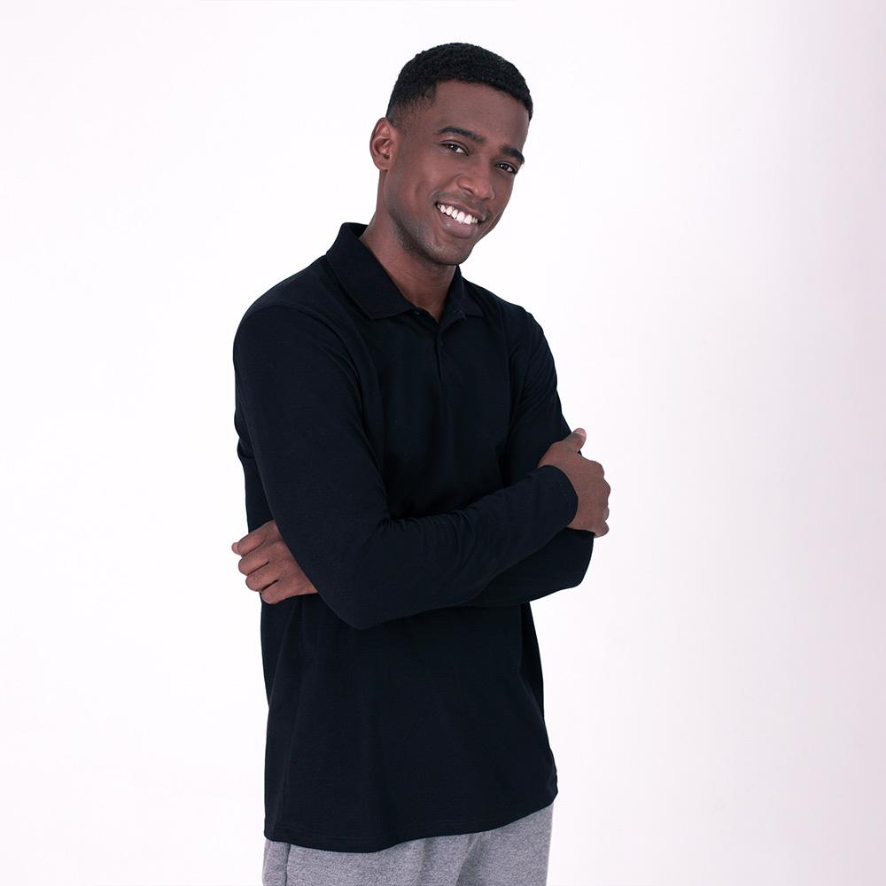 Camisa Polo Manga Longa Masculina - Preto