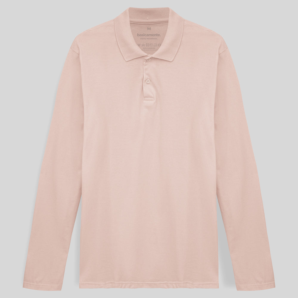 Camisa Polo Manga Longa Masculina - Rosa Pastel