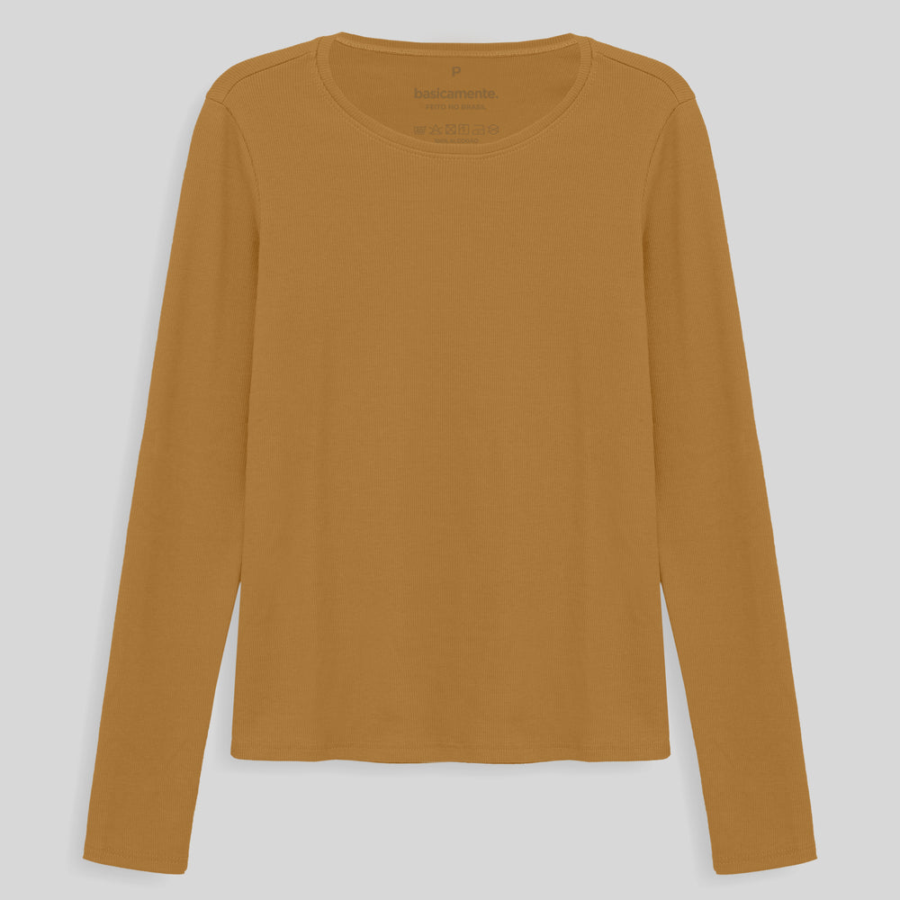 Camiseta Ribana Manga Longa Feminina - Ocre