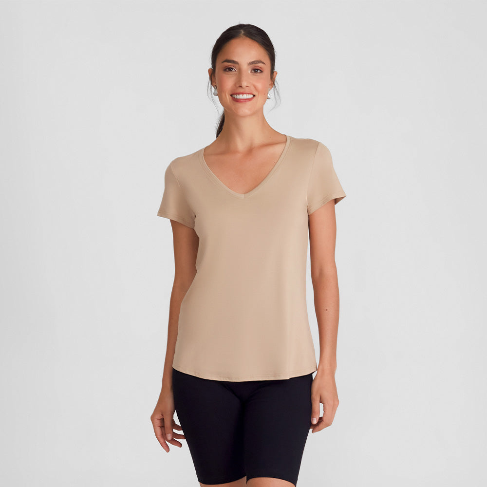 Camiseta Viscose Stretch Feminina Gola V Feminina - Bege Claro