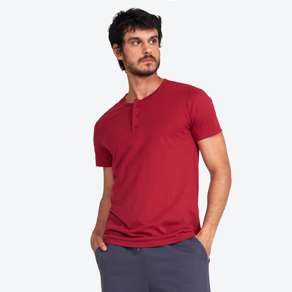 Camiseta Henley Algodão Premium Masculina - Marsala