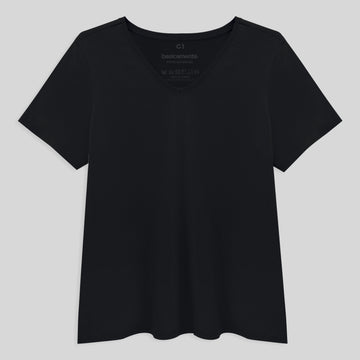 Camiseta Slim Gola V Cotton Plus Feminina - Preto