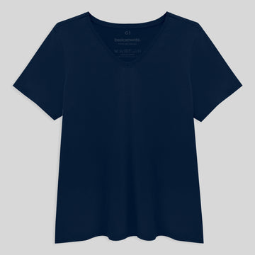 Camiseta Slim Gola V Cotton Plus Feminina - Azul Marinho