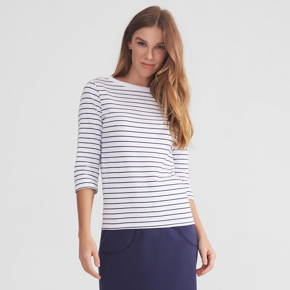 Camiseta Listrada Feminina - Branco Listra Azul Marinho