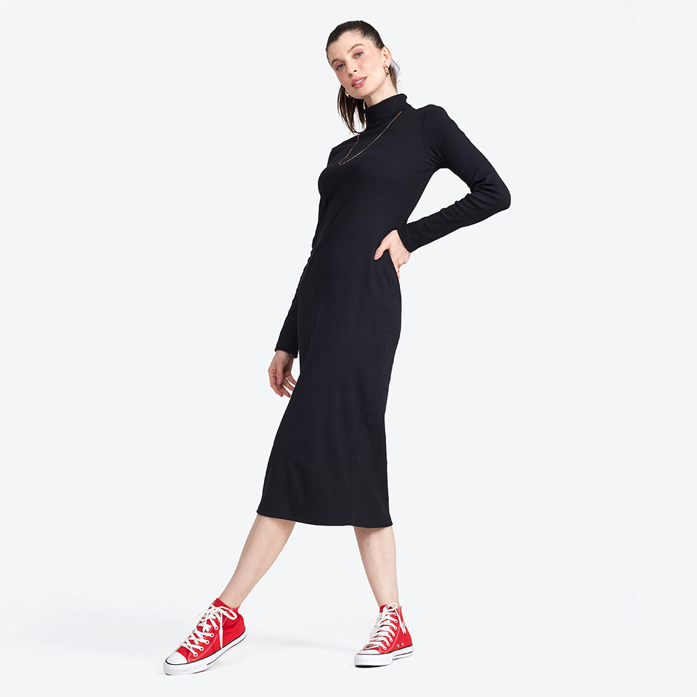 Vestido Midi Ribana Gola Rolê - Preto
