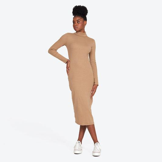 Vestido Midi Ribana Gola Rolê - Bege Pastel