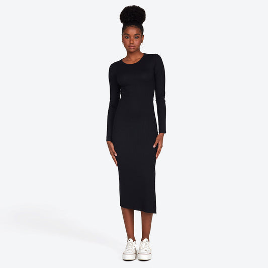 Vestido Midi Canelado Recorte Costas - Preto