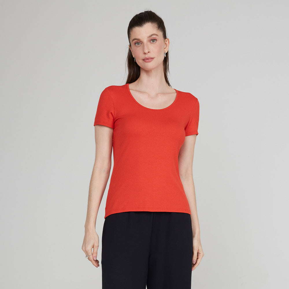 Camiseta Canelada Gola U Feminina - Vermelho Páprica