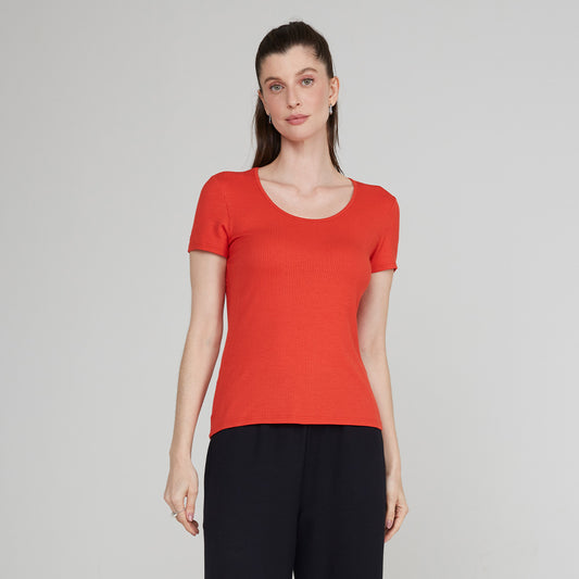 Camiseta Canelada Gola U Feminina - Vermelho Páprica