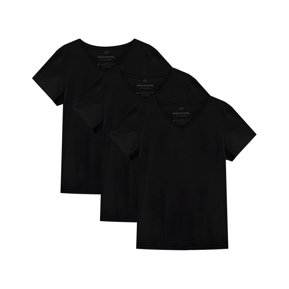 Kit de 3 Camisetas Gola V Plus Size Feminina - Preto – Basicamente