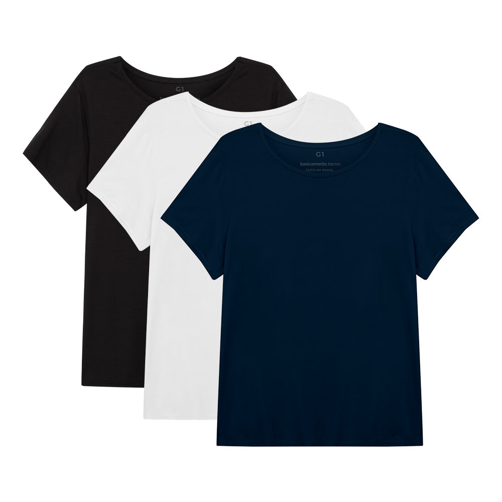 Kit 3 Tech T-Shirt Modal Gola C Plus Size Feminina - Branco Preto
