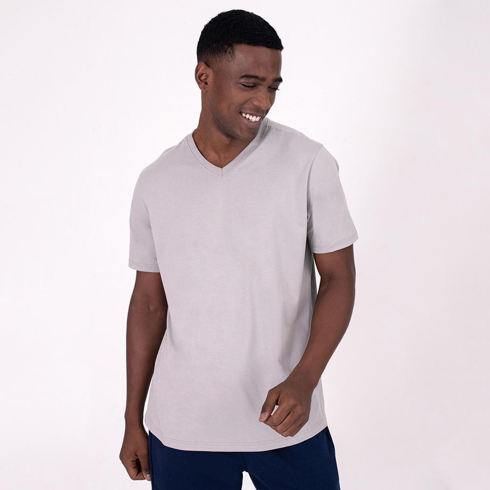 Camiseta Básica Gola V Masculina - Cinza Areia