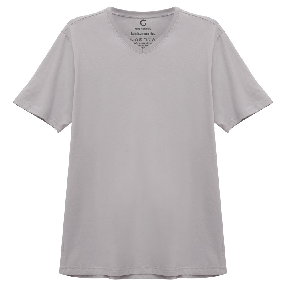 Camiseta Básica Gola V Masculina - Cinza Areia