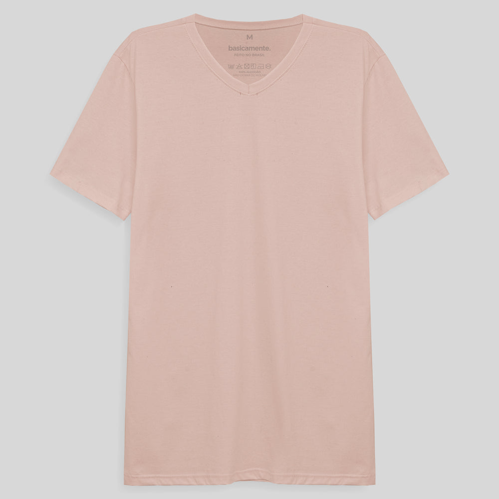 Camiseta Básica Gola V Masculina - Rosa Pastel