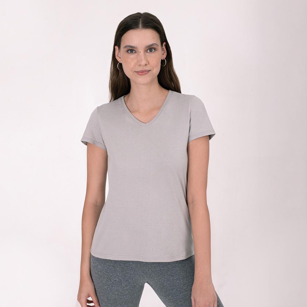 Camiseta Slim Gola V Feminina - Cinza Areia