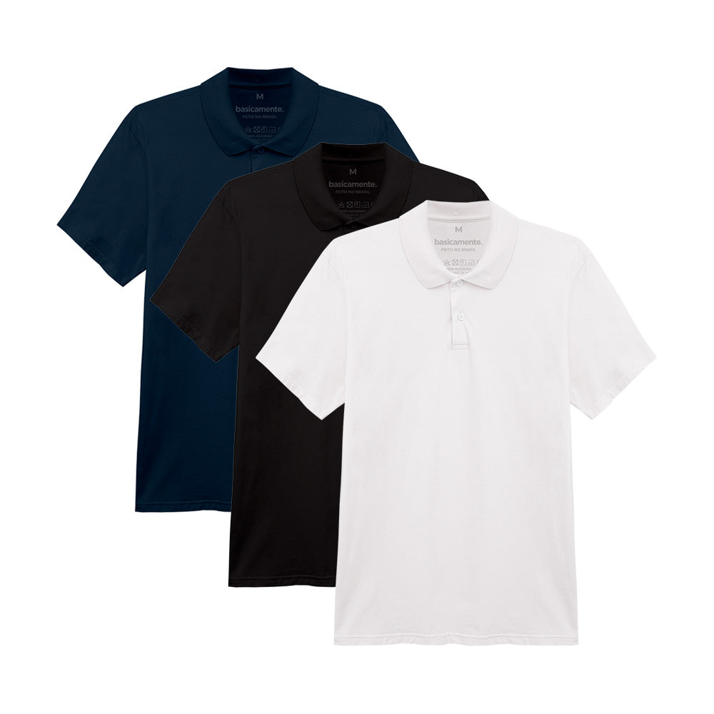 Kit 3 Camisas Polo Masculina - Branco Preto Azul Marinho