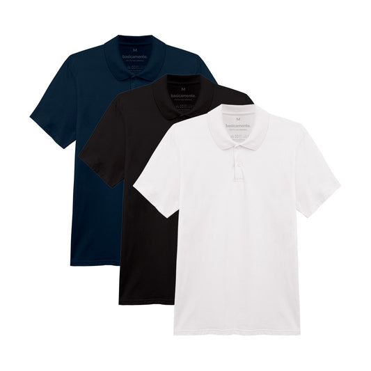 Kit 3 Camisas Polo Masculina - Branco Preto Azul Marinho