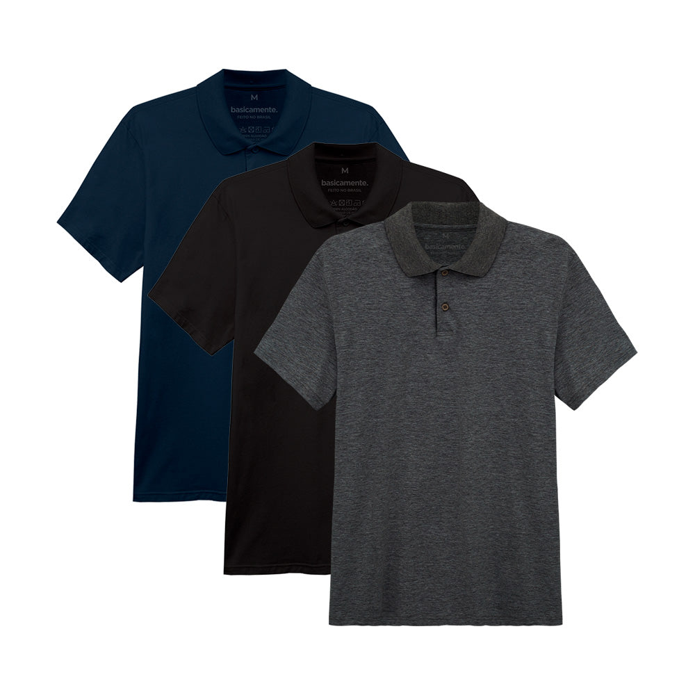 Kit 3 Camisas Polo Masculina - Mescla Escuro Azul Marinho Preto