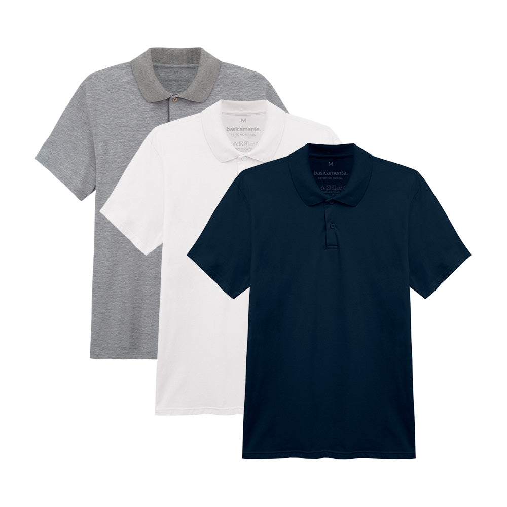 Kit 3 Camisas Polo Masculina - Branco Azul Marinho Mescla Claro