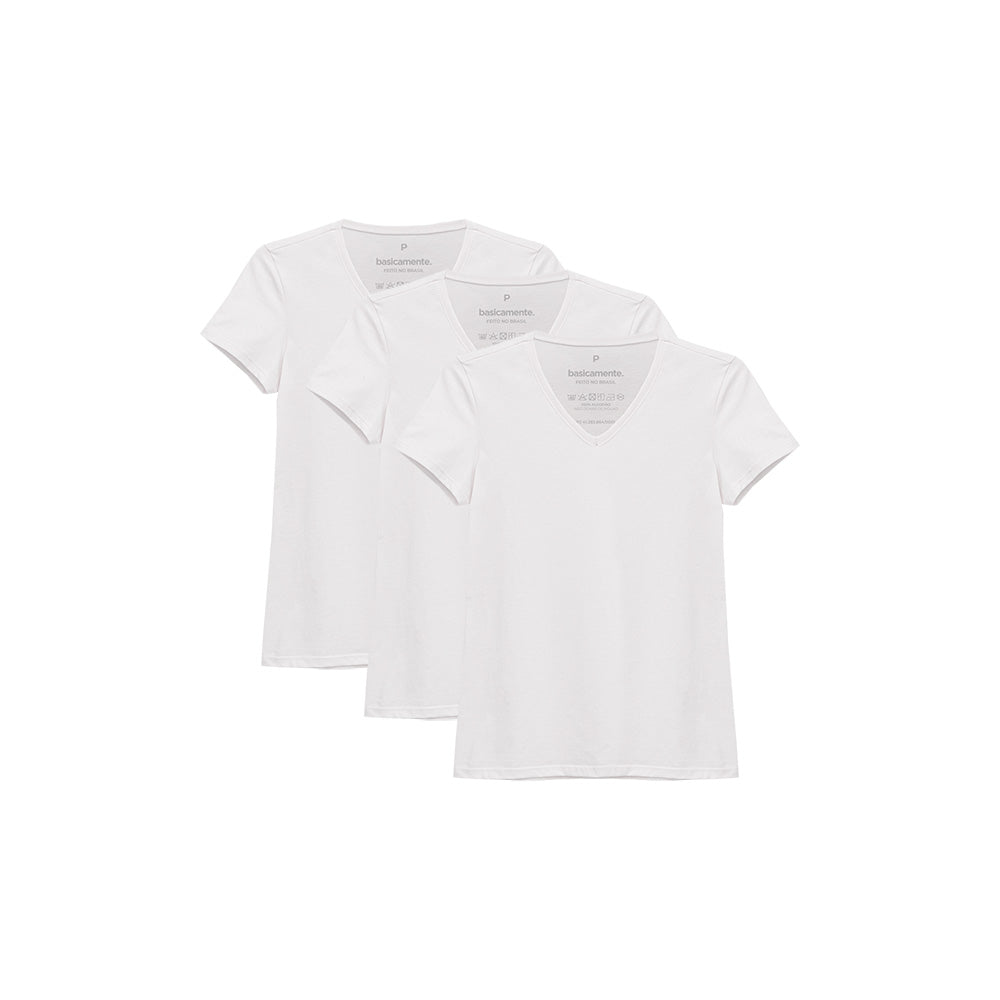 Kit 3 Camisetas Babylook Gola V Feminina - Branco