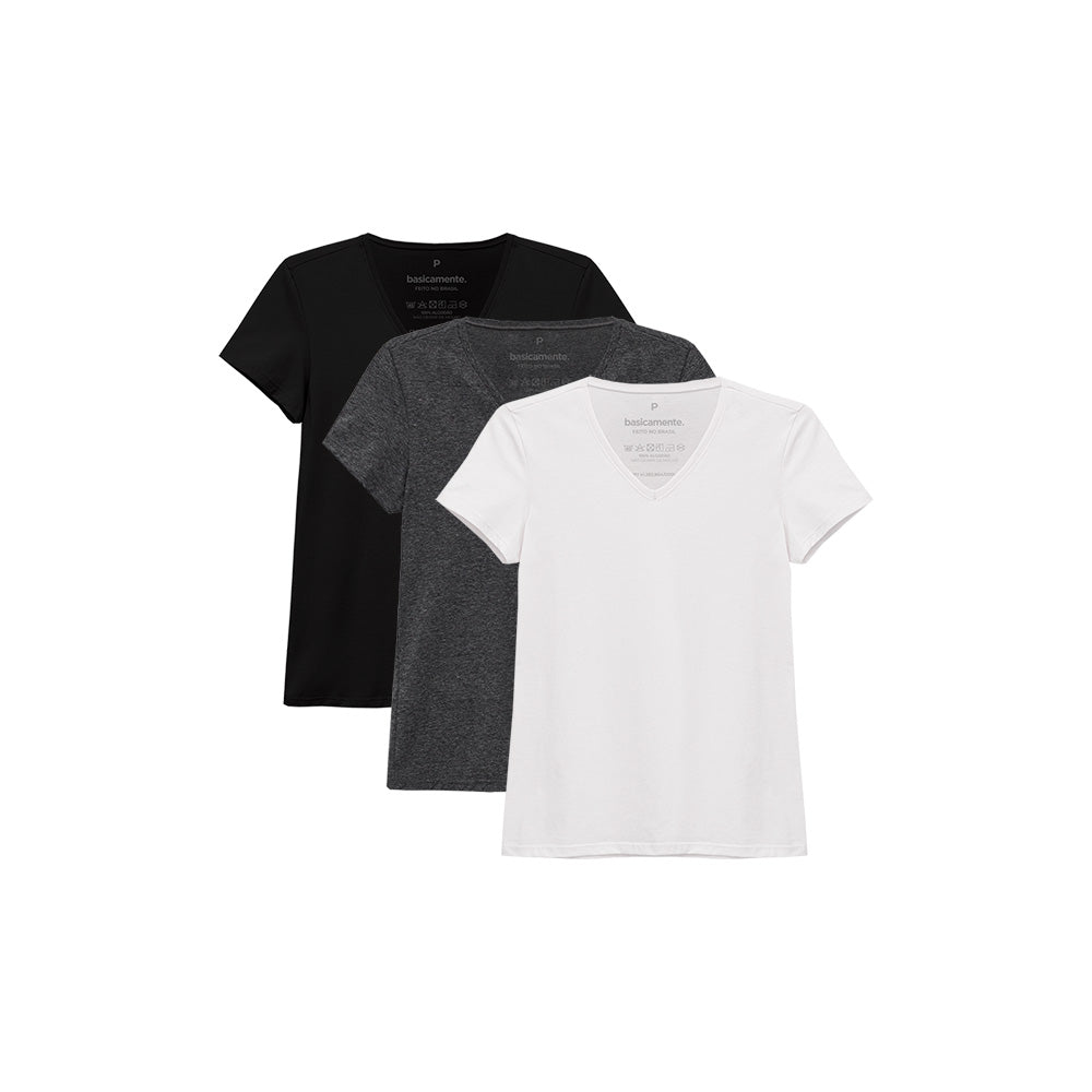Kit 3 Camisetas Babylook Gola V Feminina - Branco Preto Mescla Escuro