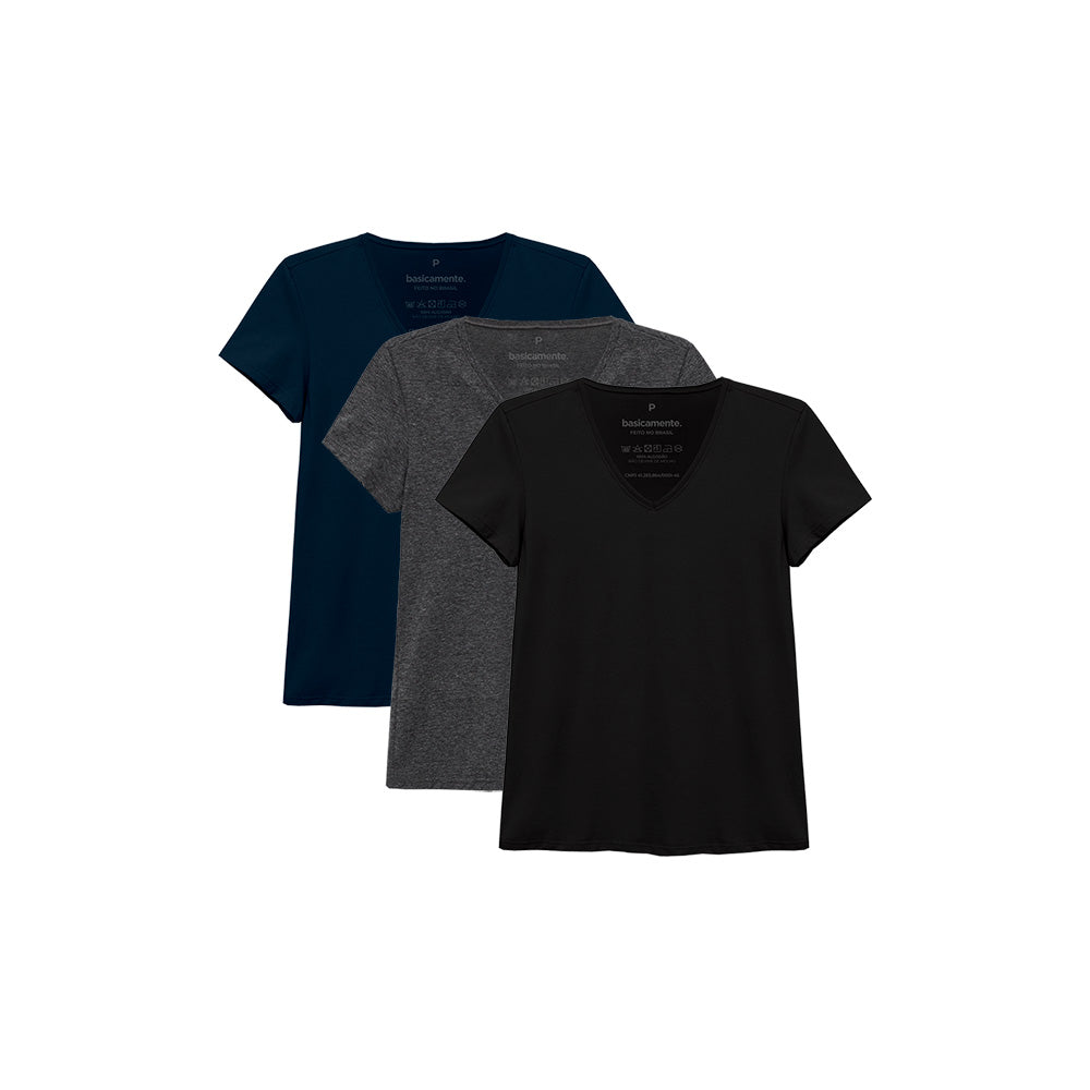 Kit 3 Camisetas Babylook Gola V Feminina - Mescla Escuro Azul Marinho Preto