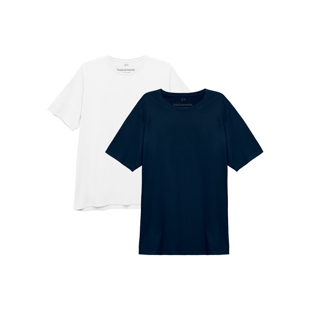 Kit 2 Camisetas Gola C Plus Size Masculina - Branco Azul Marinho