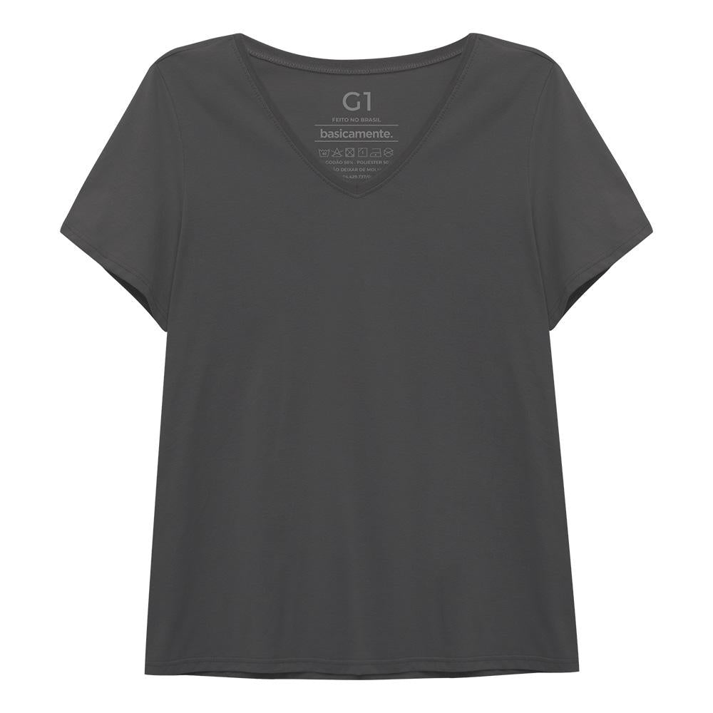Camiseta Babylook Algodão Premium Gola V Plus Feminina - Cinza Ardósia