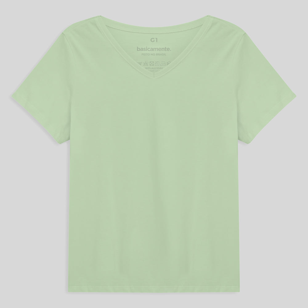 Camiseta Babylook Algodão Premium Gola V Plus Feminina - Verde Menta