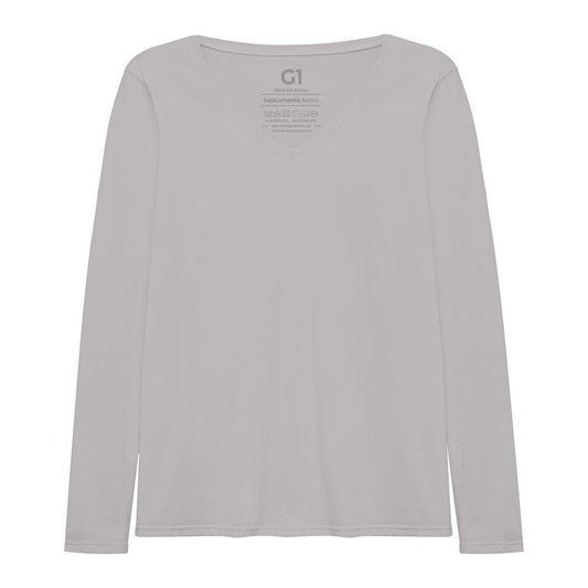 Camiseta Slim Gola V Manga Longa Plus Feminina - Cinza Areia