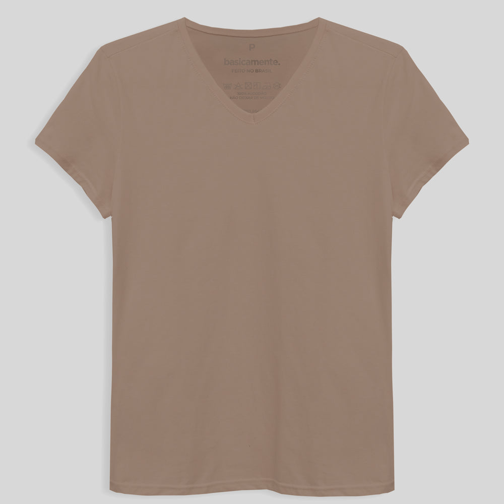 Camiseta Básica Gola V Feminina - Bege Claro