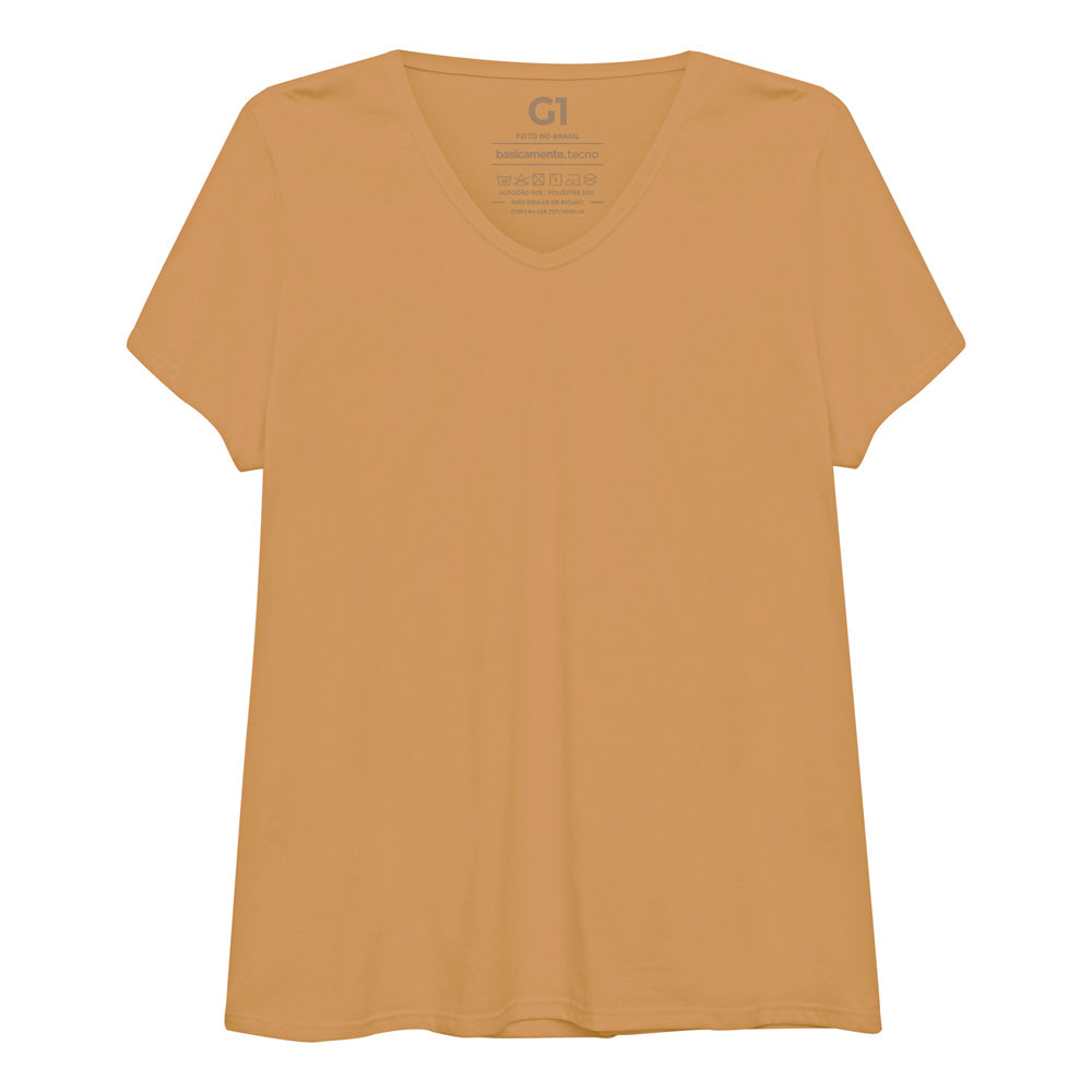 Camiseta Básica Gola V Plus Feminina - Amarelo Mostarda