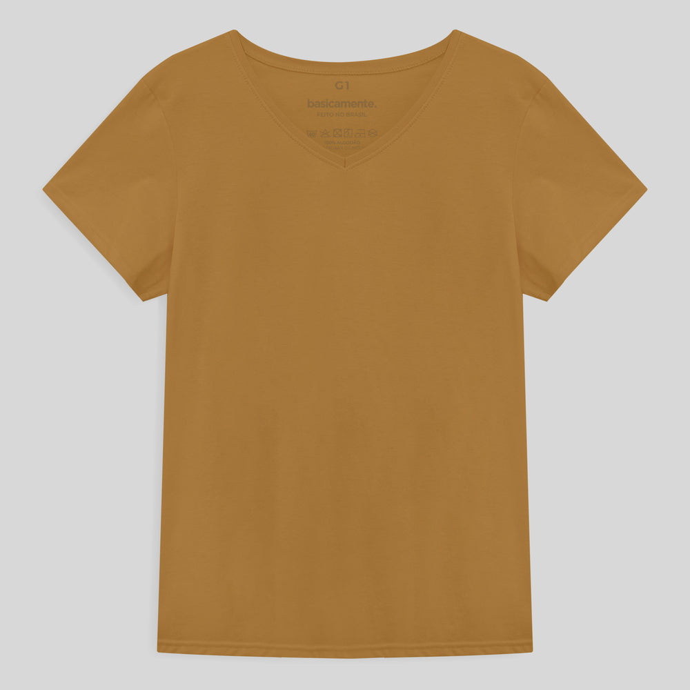 Camiseta Básica Gola V Plus Feminina - Ocre