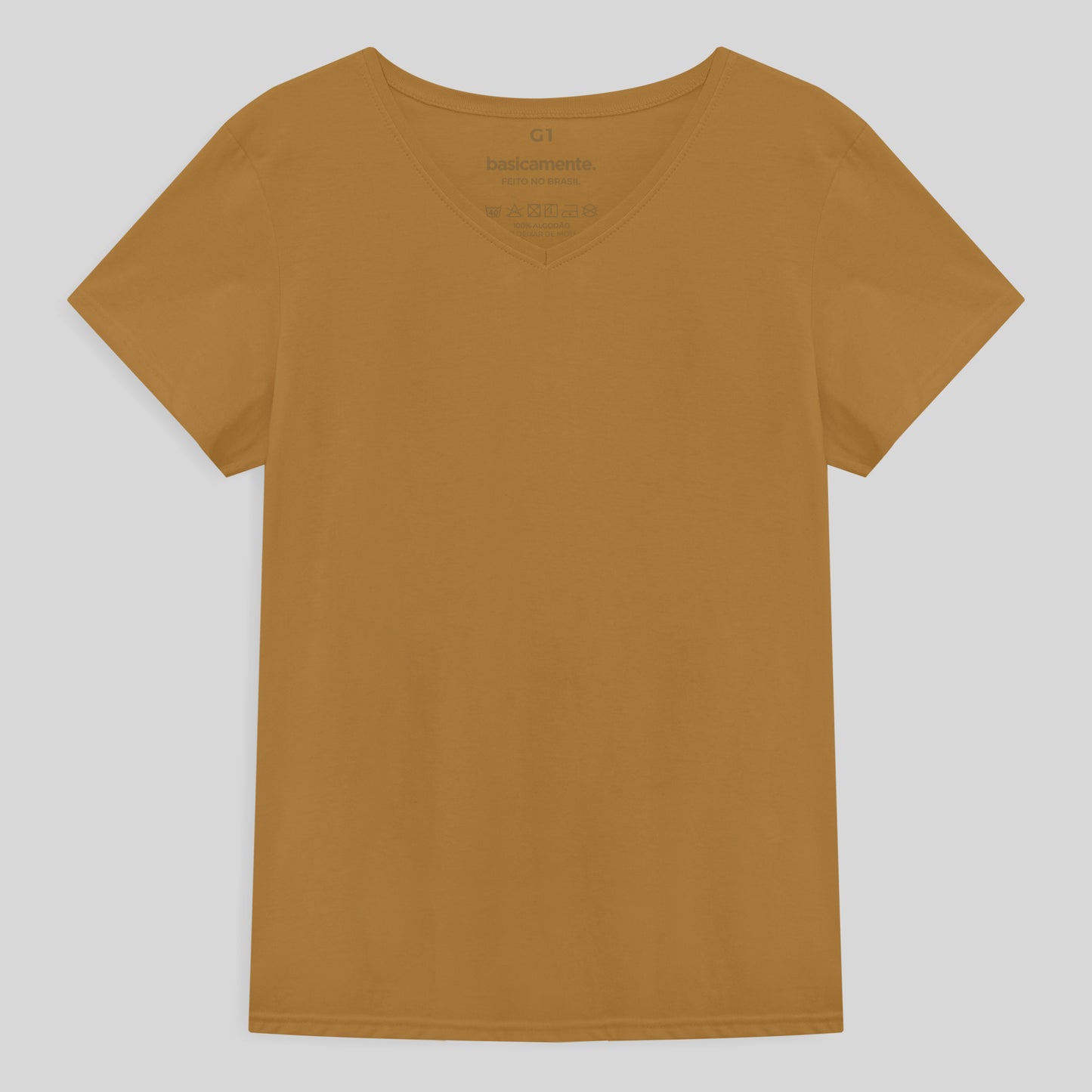 Camiseta Básica Gola V Plus Feminina - Ocre