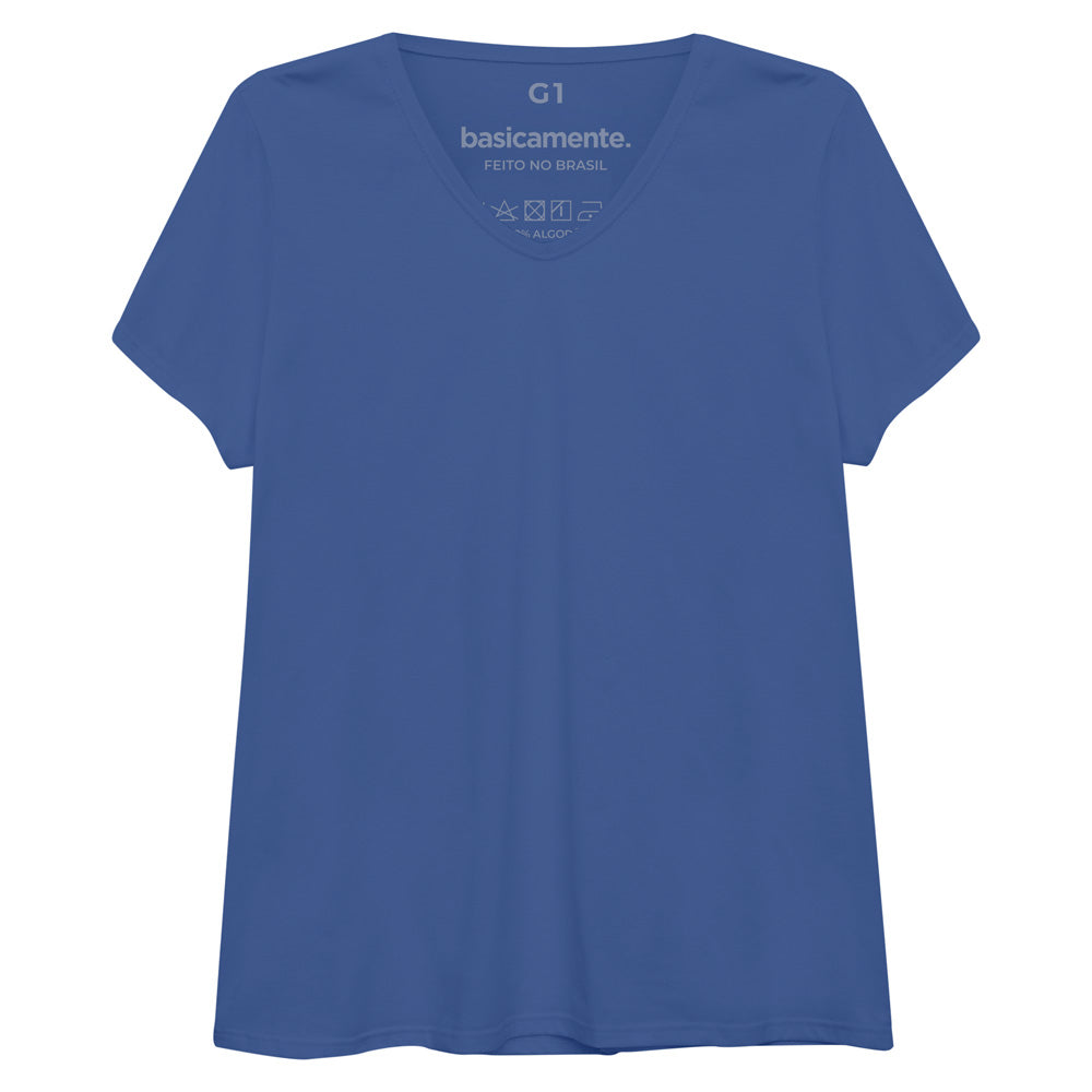 Camiseta Básica Gola V Plus Feminina - Azul Oceano