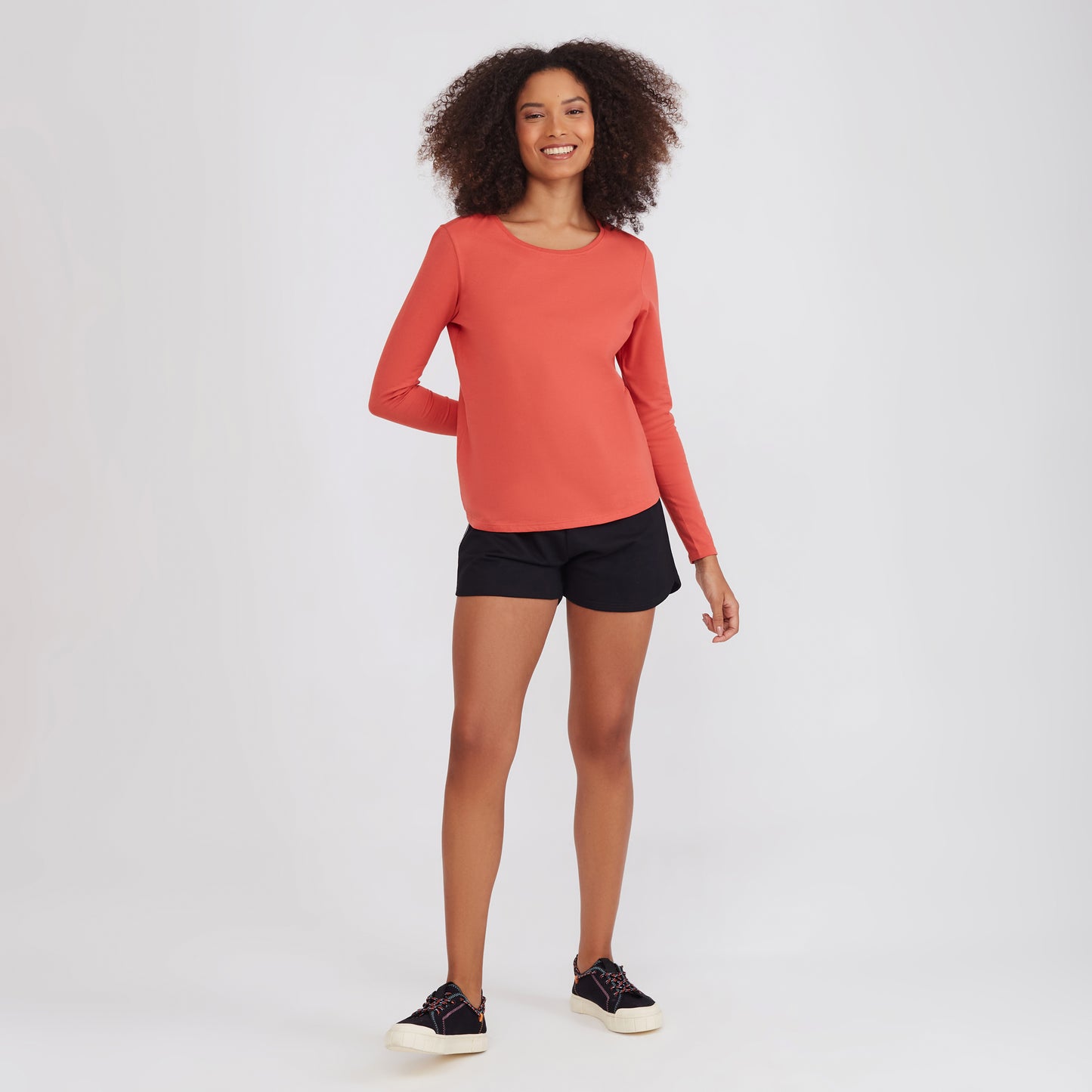 Camiseta Básica Manga Longa Feminina - Laranja Coral