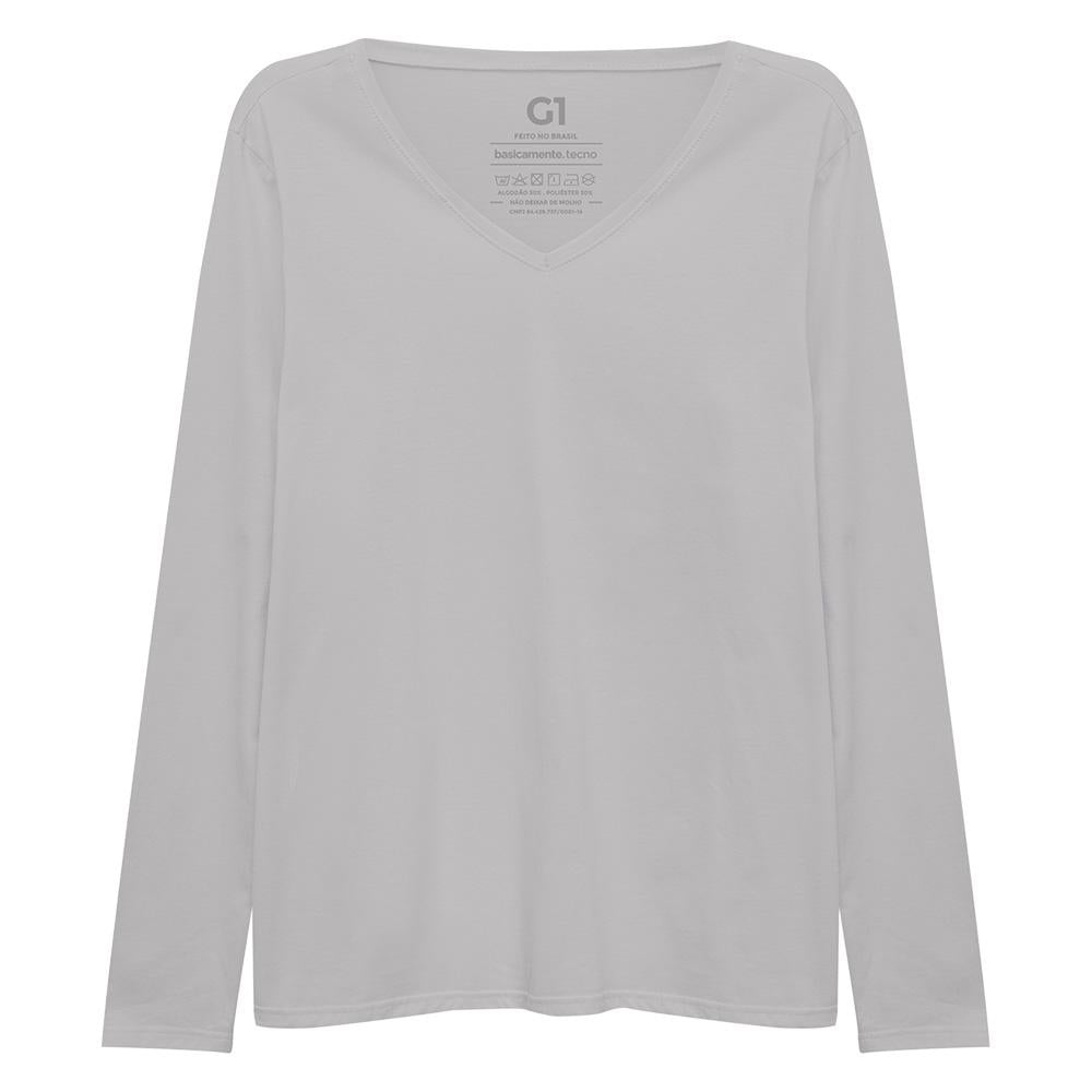 Camiseta Babylook Algodão Premium Manga Longa Gola V Plus Feminina - Cinza Areia