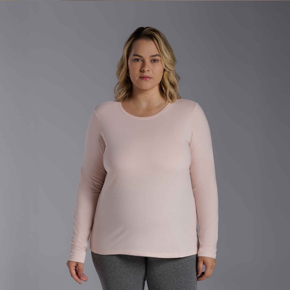 Camiseta Básica Manga Longa Plus Feminina - Rosa Pastel
