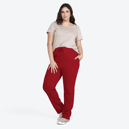Calça Reta Moletom Flanelado Plus Feminina - Marsala