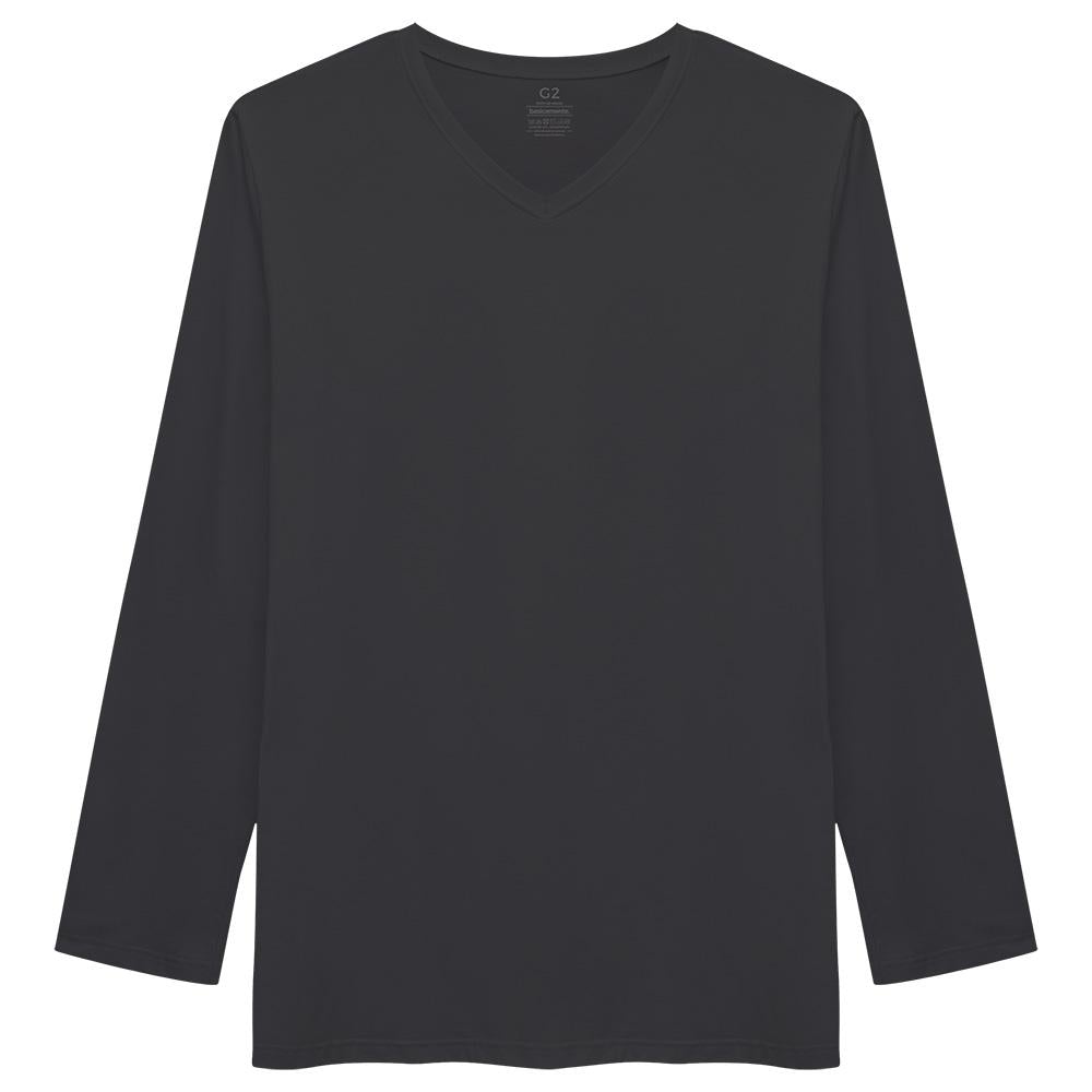 Camiseta Básica Gola V Manga Longa Plus Masculina - Cinza Ardósia
