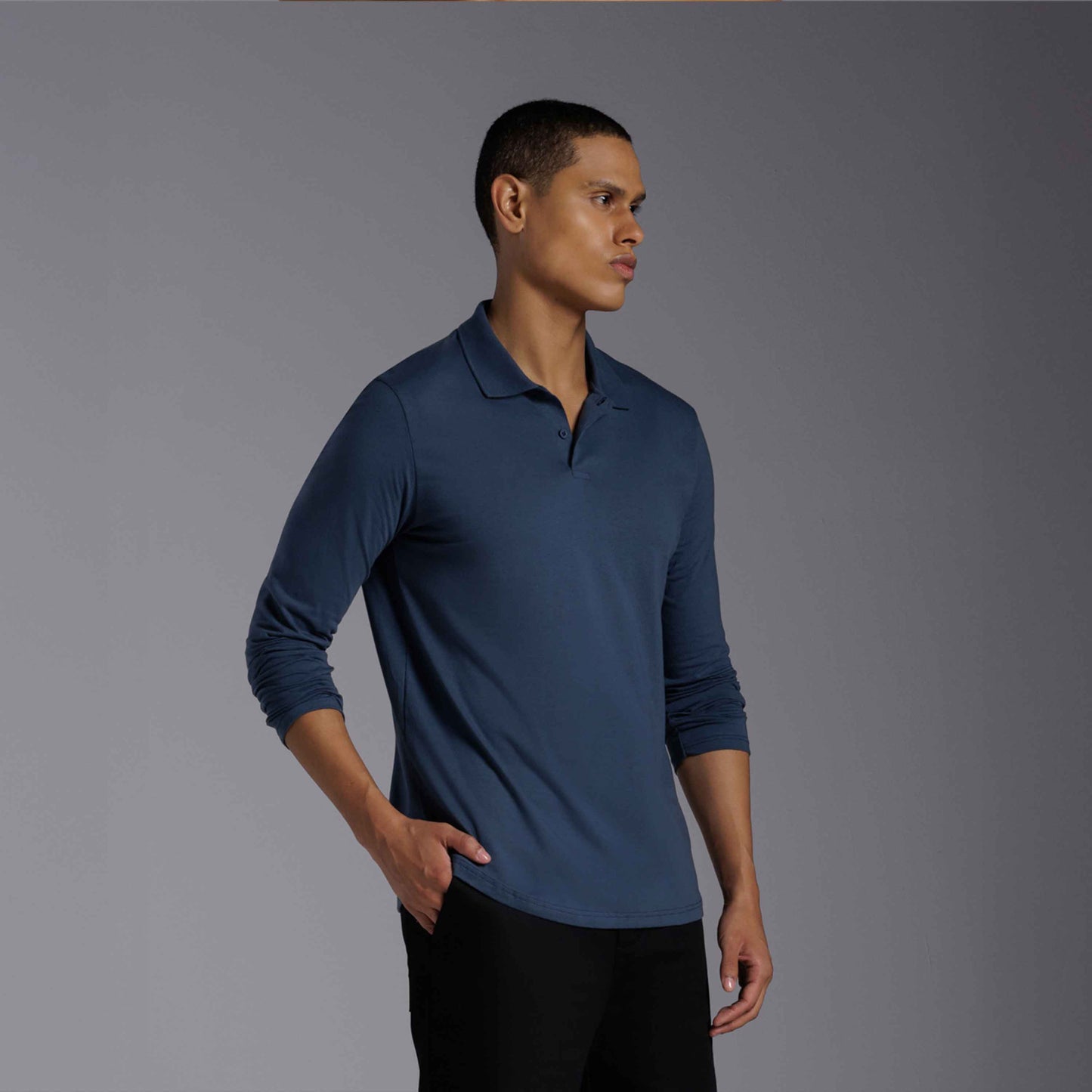Camisa Polo Manga Longa Masculina - Azul Indigo