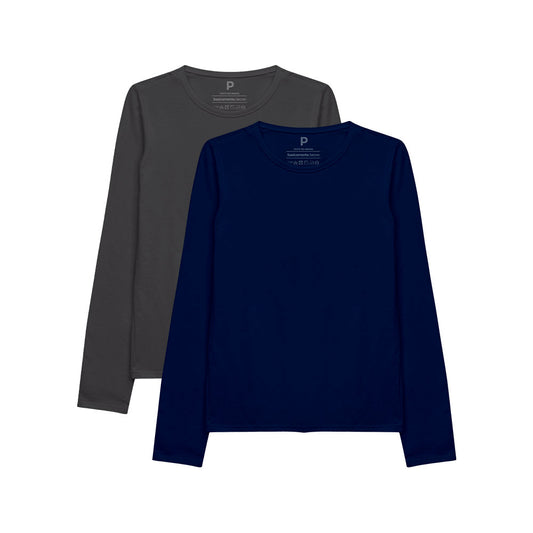 Kit 2 Camisetas Babylook Gola C Manga Longa Feminina - Azul Marinho Mescla Escuro